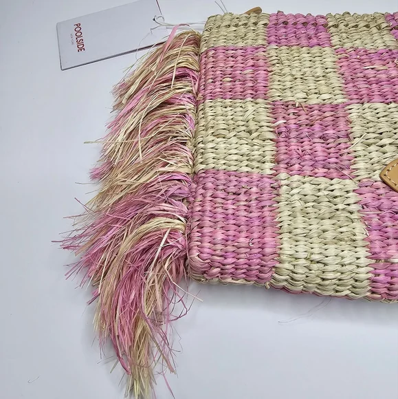 Poolside Clutch Natural/Pink Checkered Fringe Clutch Straw NWT Upcycled Organic - Picture 5 of 13